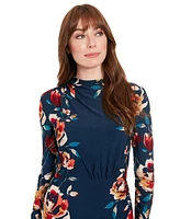 London Times Petite Floral Draped-Neck Ruched Dress