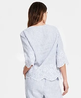 Charter Club Petite Striped Embroidered 3/4-Sleeve Linen Top, Created for Macy's