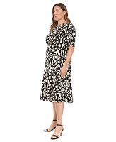 London Times Plus Printed Elbow-Sleeve Midi Dress