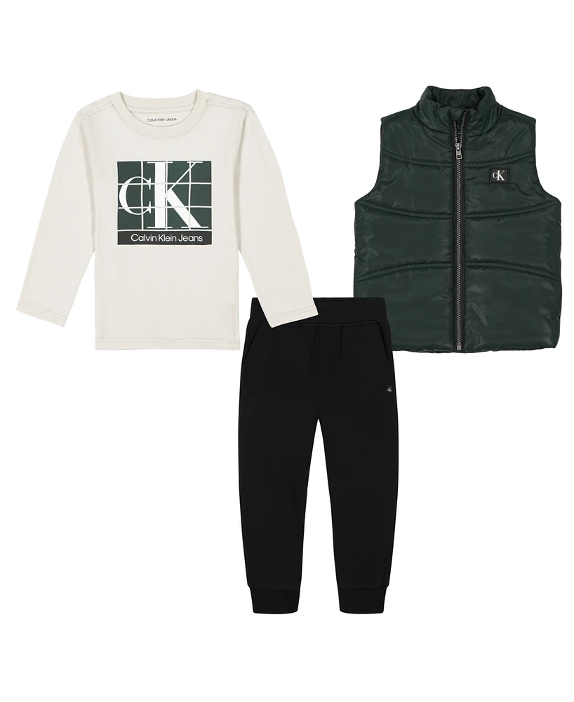 Calvin Klein Little Boys Long Sleeve Logo Tee, Fleece Joggers Quilted Puffer Vest 3-Piece Set