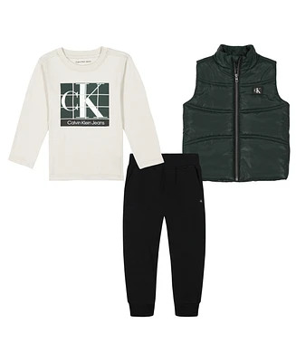 Calvin Klein Little Boys Long Sleeve Logo Tee, Fleece Joggers Quilted Puffer Vest 3-Piece Set