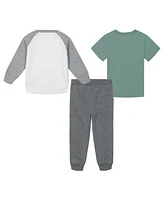 Calvin Klein Toddler and Little Boys Short Sleeve Logo Tee, Monogram Raglan Crewneck Joggers 3-Piece Set