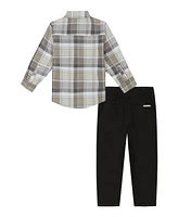 Calvin Klein Little Boys Long Sleeve Plaid Fine-Wale Cord Shirt Prewashed Twill Pants 2-Piece Set