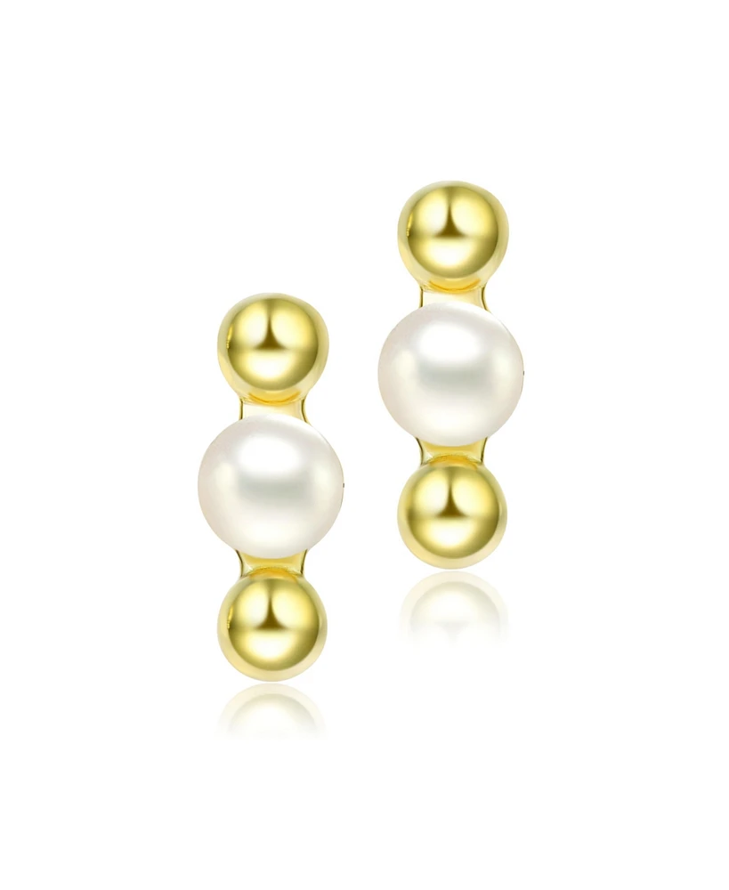 Genevive Sterling Silver with Gold Plated and 5.5MM freshwater Pearls Ball Earrings