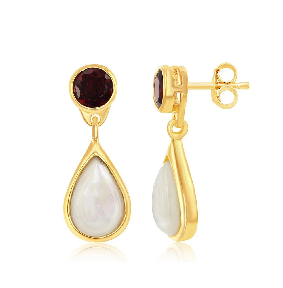 Simona Sterling Silver Garnet and Mother of Pearl Earrings - Gold Plated