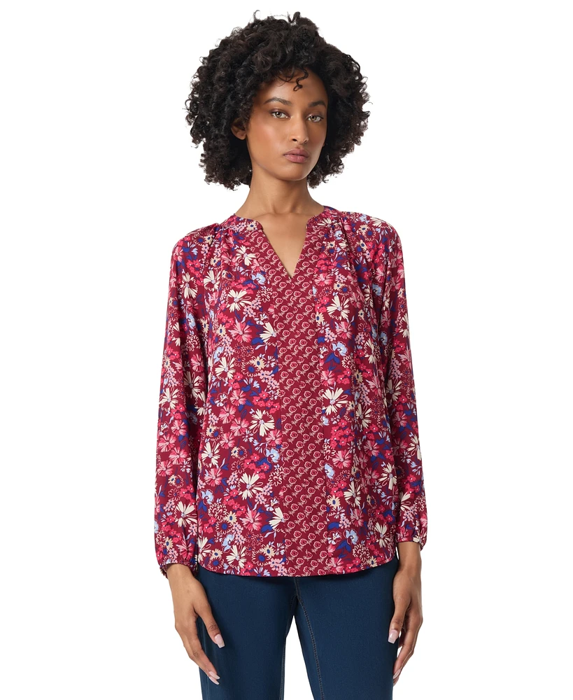 Jones New York Petite Mixed-Print V-Neck Long-Sleeve Top