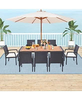 Costway 9 Pieces Patio Rattan Dining Set with Acacia Wood Table