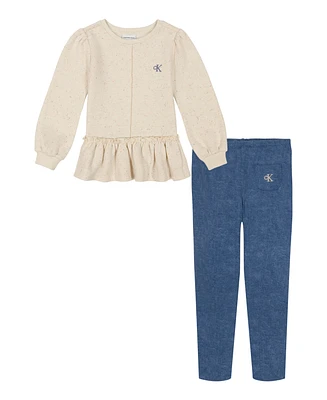 Calvin Klein Toddler and Little Girls Speckled Fleece Ruffle-Hem Tunic Jeggings, 2-Piece Set