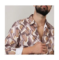 Campus Sutra Men's Pale Yellow & Mocha Brown Abstract Block Shirt