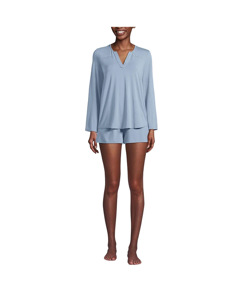 Lands' End Women's Cooling 2 Piece Pajama Set - Long Sleeve Flowy Shirt and Shorts