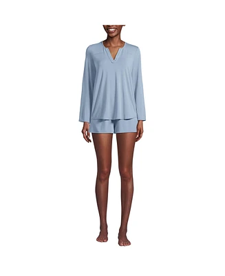 Lands' End Women's Cooling 2 Piece Pajama Set - Long Sleeve Flowy Shirt and Shorts