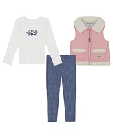 Tommy Hilfiger Little Girl Long Sleeve Ribbed Logo Tee, Sherpa Vest and Leggings, 3 Piece Set