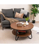Costway 2-Tier Round Coffee Table with Wood Grain Finish & Heavy-duty Metal Frame