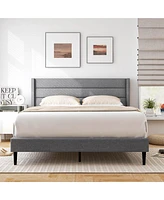 Costway Queen Bed Frame with Wingback Headboard Linen Upholstered Platform