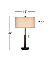 Franklin Iron Works Bernie Industrial Nightstand Table Lamp 25" High Set of 2 with Hotel Style Usb Charging Port Rich Bronze Metal Fabric Drum Shade f