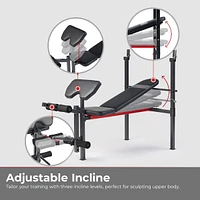 Sunny Health & Fitness Adjustable Standard Incline Weight Bench with Leg Developer and Preacher Curl Attachment, Up to 630LBs Support