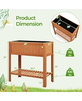 Skonyon Outdoor Raised Garden Bed Fir Wood Planter Box with Bottom Storage Shelf and Protective Liner-Brown