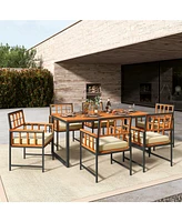 Sugift 7 Pieces Patio Acacia Wood Dining Set with Soft Cushions and Umbrella Hole