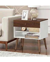 Sugift Mid-Century Nightstand with Drawer and Rubber Wood Legs
