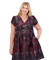 Vince Camuto Plus Printed Jacquard Puff-Sleeve Dress