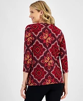 Jm Collection Women's Printed 3/4-Sleeve V-Neck Top, Created for Macy's