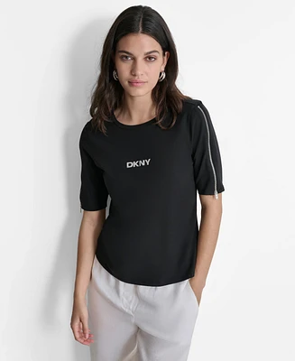 Dkny Women's Zippered-Sleeve Embroidered-Logo Top