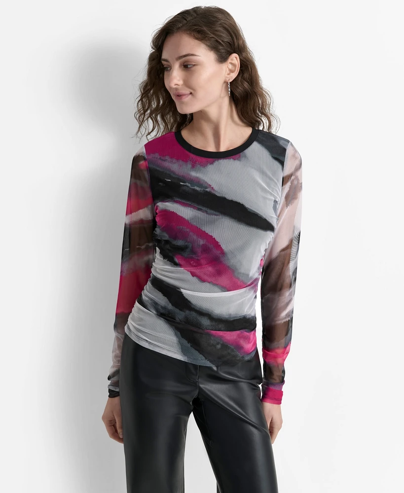 Dkny Women's Printed-Mesh Ruched-Side Long-Sleeve Top