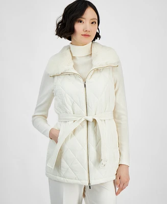 Anne Klein Women's Faux-Fur-Collar Quilted Vest