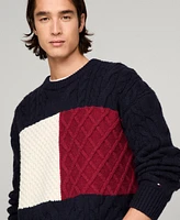 Tommy Hilfiger Men's Cable Knit Crewneck Pullover Long Sleeve Flag Sweater