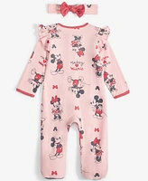 Disney Baby Girls Minnie Mouse Printed Coverall & Headband