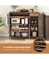 Skonyon Rolling Kitchen Island Cart with Drop Leaf and Wine Rack-Rustic Brown