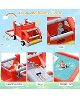 Costway Fire Truck Themed Inflatable Castle Water Park Kids Bounce House w/ 480W Blower