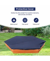 Costway Hexagon Wooden Cedar Sand Box w Seat Boards & Cover & Ground Liner