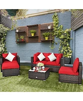 6PCS Patio Rattan Furniture Set Cushion Sofa Coffee Table Ottoman