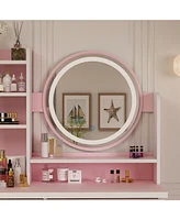 Famapy 5-Drawers Pink Wood Makeup Vanity Set Dressing Desk