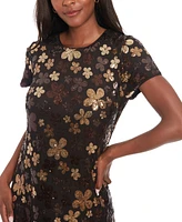 London Times Women's Floral Sequin Short-Sleeve Shift Dress