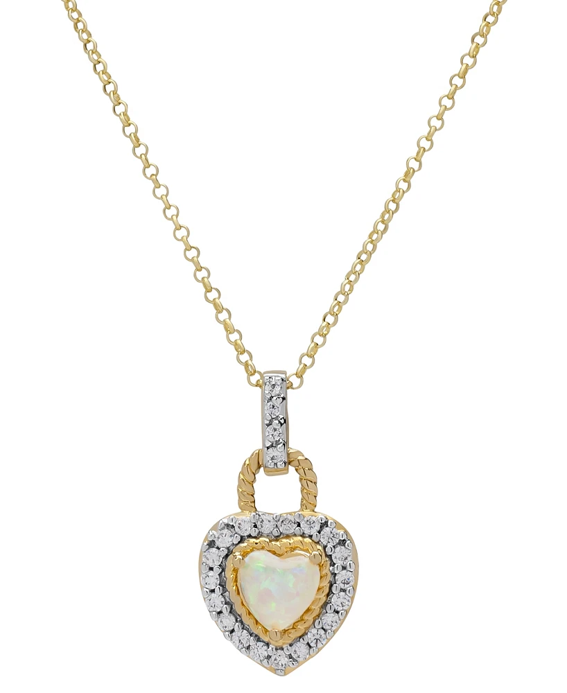 Lab Grown Opal (3/8 ct. t.w.) & Lab Grown White Sapphire (7/8 ct. t.w.) Heart Halo 18" Pendant Necklace in Sterling Silver & 14k Gold-Plate