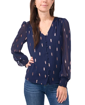 Sam & Jess Petite V-Neck Smocked-Trim Long-Sleeve Top