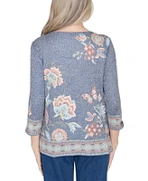 Alfred Dunner Petite Floral Border Split-Neck Top