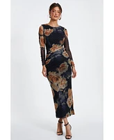 Quiz Women's Floral Rhinestone Mesh Round Neck Maxi Dress