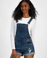 Dollhouse Juniors' Distressed Denim Rolled-Cuff Shortalls