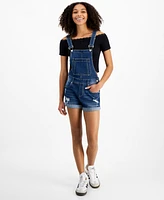 Dollhouse Juniors' Distressed Denim Rolled-Cuff Shortalls