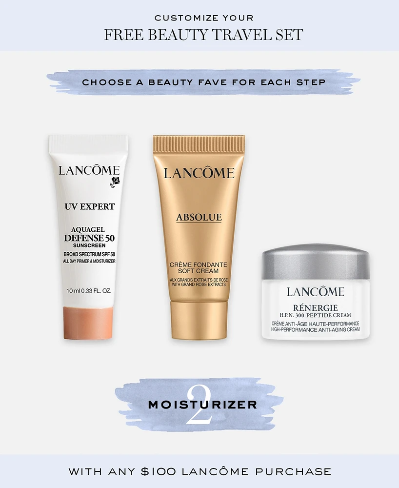 Choose Your Free Moisturizer, part of 3-pc beauty travel set with any $100 Lancome purchase!