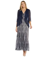 R & M Richards Women's Draped Open-Front Sheer Jacket Metallic Gown