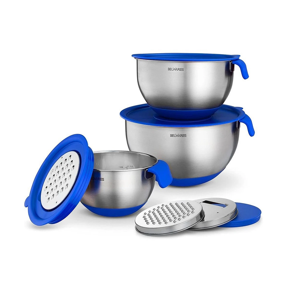 Belwares Mixing Bowls with Lids Set - Nesting Airtight + Graters Stainless Steel Non-Slip Bowl for Baking