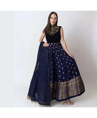 Raas Women's Blue Anarkali Gown with Sequins and Cutdana Handwork on the Torso Banarasi Jacquard Bottom