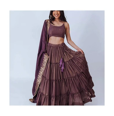 Raas Women's Brownish Purple Shimmer Tiered Lehenga Choli with Golden Accents