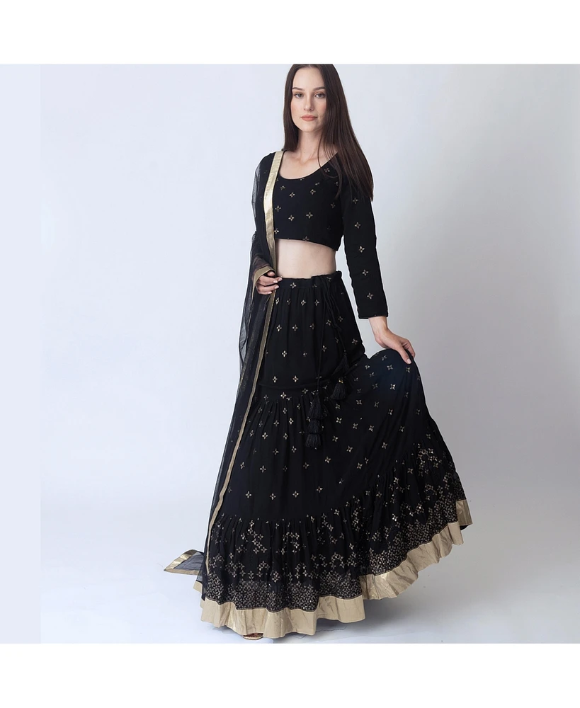 Raas Women's Black Full Sleeve Lehenga Choli Embellished with Sequins