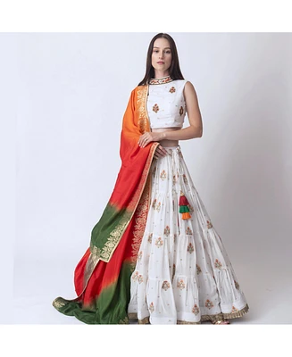 Raas Women's White Lehenga With Embroidered High Neck Choli and Multicolor Dupatta