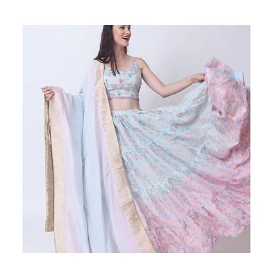 Raas Women's Pastel Floral Jacquard Silk Crop Top with Beadwork and Tiered Skirt Set Dupatta